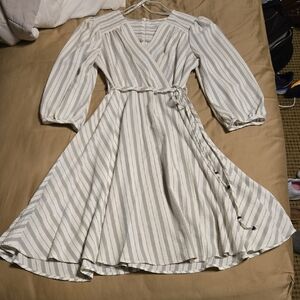 Calvin Klein White and Tan Ruffled A-Line Dress